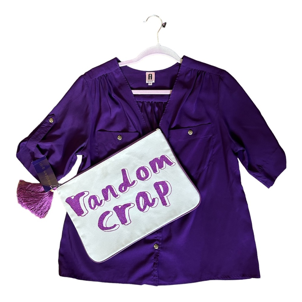 Madden Girl Random Crap zipper bag sold out purple/off white 9x 13 1/2”
